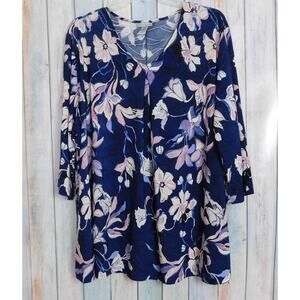 Catherines Woman Shirt Tunic 4X 30/32W Blue Pink White Flowers Long Sleeve